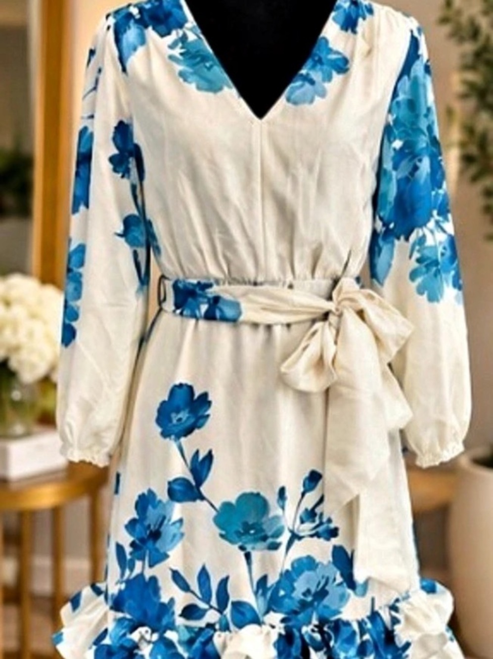 Taylor Blue White Floral Ruffle Hem Belted Dress Size 8 Long Sleeve